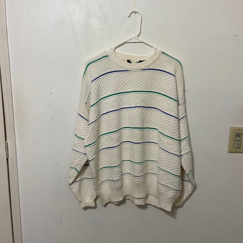 Hunt Club? Mens L 42 44 Cream Cotton Striped Sweater Pullover Grandpa